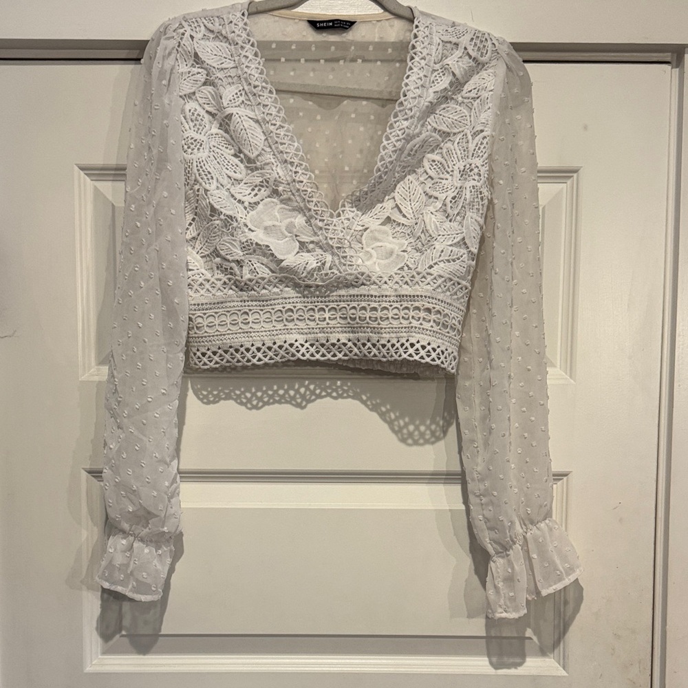 SHEIN White Lace V-Neck Blouse